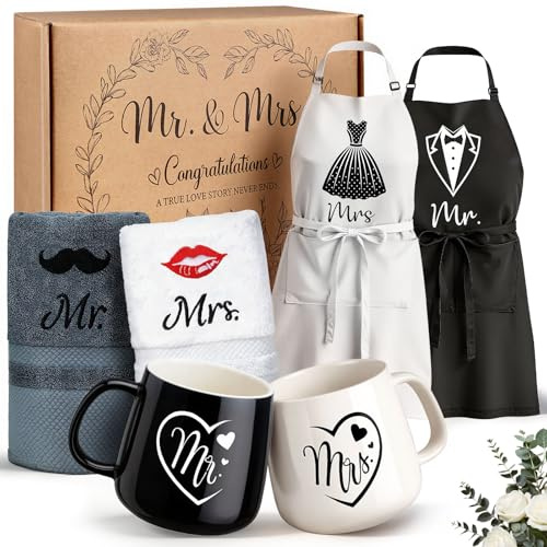 TUZELIYA Best Romantic Wedding Gifts for Bride and Groom - Engagement Gifts for Newlyweds with Aprons, Coffee Mugs and 100% Cotton Towels - Couple Anniversary Birthday Gift for His & Hers Mr & Mrs