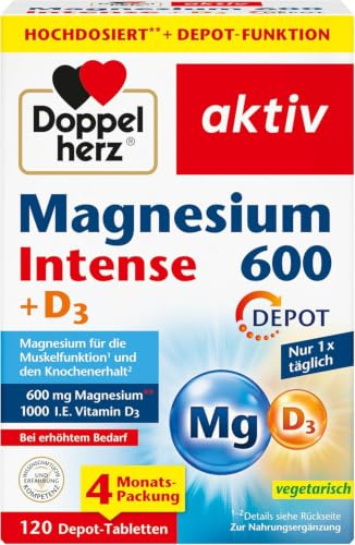 Doppelherz Magnesium 600 Intense DEPOT | 600 mg hochdosiertes Magnesium + 1000 I.E. Vitamin D pro Tablette - 120 DEPOT-Tabletten