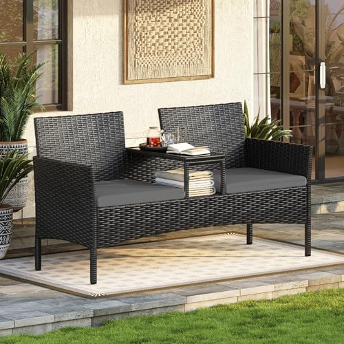 Aoxun 2 Seater Rattan Garden Bench, Extra Wide Outdoor Loveseat with Storage Side Table, Comfortable Patio Furniture Set with Cushions and Rain Cover for Garden Balcony Backyard (Dark grey)