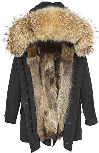 Damen Luxury PARKA XXL Kragen aus 100% ECHTPELZ ECHTFELL Jacke Mantel Fuchspelz Innenfutter (M, Schwarz)