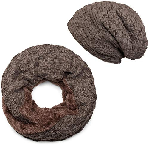 styleBREAKER Stickad loop halsduk och beanie mössa set med flätmönster, fleece foder, vinter, unisex 01018211, toupe, En Storlek