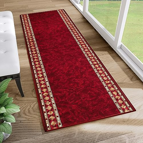 TAPISO Anti Rutsch Teppich Läufer rutschfest Brücke Meterware Oriental Rot Gelb Ornament Design Meliert Flur Küche Wohnzimmer 67 x 240 cm