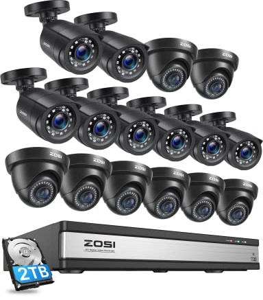 ZOSI CCTV Camera System AI Human/Vehicle Detect, 16Pcs 2MP Security Cameras | 3K Lite 16CH Surveillance DVR with 2TB HDD, 1080P Wired CCTV Cameras Outdoor Indoor, 80ft IR Night Vision, IP66 Weatherproof