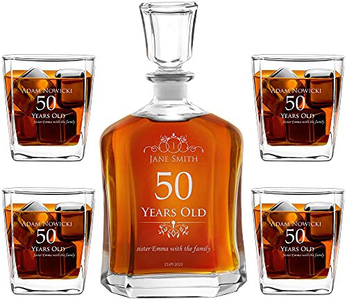 Maverton Classic Bourbon Whiskey Decanter Capitol Set of 4/6 Glasses - You can Personalise Tumblers as Gift - 700 ml Universal Carafe - Gift for Couple - Years Old