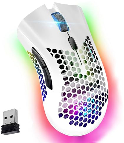 VEGCOO Gaming Mouse, Rechargeable Wireless Mouse with Honeycomb Wireless Gaming Mouse with RGB Light/Silent Click/Adjustable DPI, Optical Computer Mouse for Laptop PC Computer (C23 Weiß)