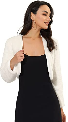 Allegra K Women's Fur Jacket Cropped Wedding Bolero Gown Fuzzy Open Front Formal Faux Fur Evening Shrug Coat Large White