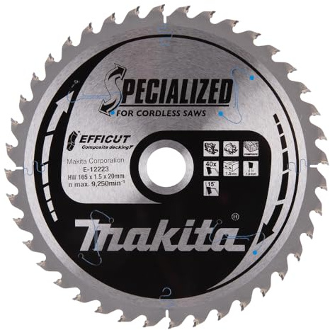 Makita E-12223 EFFICUT komposit däck cirkelsågblad diameter 165 x 1,5 x 20 mm 40 tänder 15° tandvinkel för naturlig fiberförstärkt plast, t.ex. WPC för sladdlösa handcirkelsågar