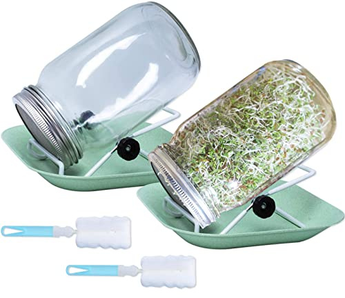 Hoqqf Sprouting Jar Kit Include 1000ml Sprouting Jar, Stand, Tray, Lid and Cleaning Brush for Broccoli Microgreens Seeds