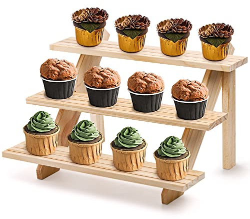 Coloch Présentoir à cupcakes en bois à 3 étages - Présentoir rustique pour cupcakes, desserts, broches, bracelets, bijoux de table, 40 x 26 x 23 cm