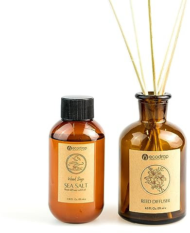 Ecodrop Wood Sage & Sea Salt Diffuser - 100ml | Fresh & Salty Scented Aromatherapy Fragrance Oil, a Glass Bottle & 6 Wooden Reed Sticks | Office & Home Spa Gift for Kitchen, Bedroom & Living Room
