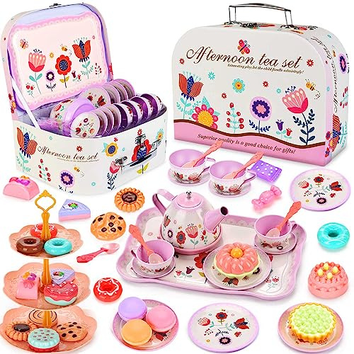 Lajeje Tea Party Set for Toddlers & Little Girls Ages 3-6 – Princess Pretend Play Kitchen Toy with Tin Tea Set, Desserts & Carrying Case, Easter Basket Stuffer