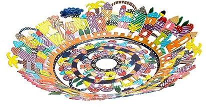 EMANUEL Yair Dekorative Obstschale aus Metall, lebendige handbemalte Schüssel, hängende Tafelaufsatz, Schale für Heimdekoration und Geschenk, Judaica Art (25,4 cm, Jerusalem)