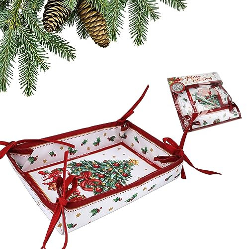 Carmani - Cesta plegable rectangular reversible para pan, panecillos, baguettes, bollos, huevos y pasteles con doble diseño y patrón de árbol de Navidad