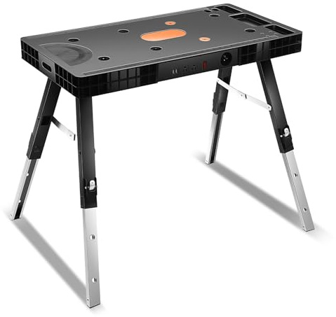 Auto Dynasty 3-in-1 Folding Workbench Portable 150kg(330lbs) Capacity Work Table/Saw Horse/Scaffold/Car Creeper/Dolly Mode with Side Chargers and Adjustable Height for Garage, Carpentry, and Workshop
