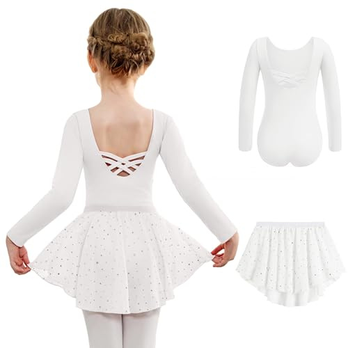 Arshiner Vestito da Balletto per Ragazze Manica Lunga Due Pezzi Vestito da Balletto per Bambini in Cotone Senza Schienale Body da Ballo con Gonna Tutu Bianco 130 3-4 Anni