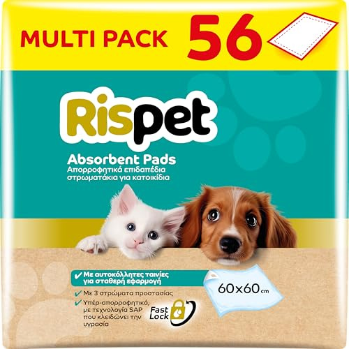 RISPET Tapis hygiéniques pour Chiens 60 x 60 cm, Haute Absorption avec Technologie contrôle des odeurs, 56 unités