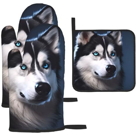 YYHHAOFA Lot de 3 gants de cuisine imperméables et durables pour four et manique pour isolation thermique Motif chien husky