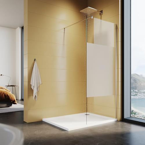 SUNXURY Walk In - Divisione doccia in vetro monolocale da 8 mm, con rivestimento nano e asta di stabilizzazione da 100 cm, 80 x 200 cm, cabina doccia (parzialmente satinata)