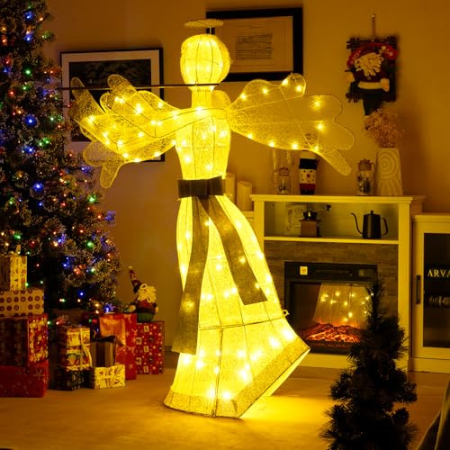 COSTWAY Pre-lit Christmas Angel, 3D Glittered Angel with 100/148/150/180 Lights, Halo, Ground Stakes, Large Xmas Decoration Ornament for Indoor Outdoor (5FT-Playing the Flute, with 100 Lights)