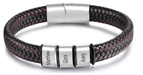 lorajewel Armband für Herren mit Gravur Personalisierte Geschenke für Männer Schwarz Edelstahl Lederarmband Herren mit Namen Geschenk für Vatertag Weihnachten Valentinstag