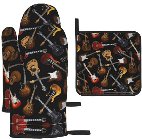 Ofenhandschuhe und Topflappen, Motiv: Gitarren, 3-teiliges Set, Küchenhandschuhe, hitzebeständige Handschuhe