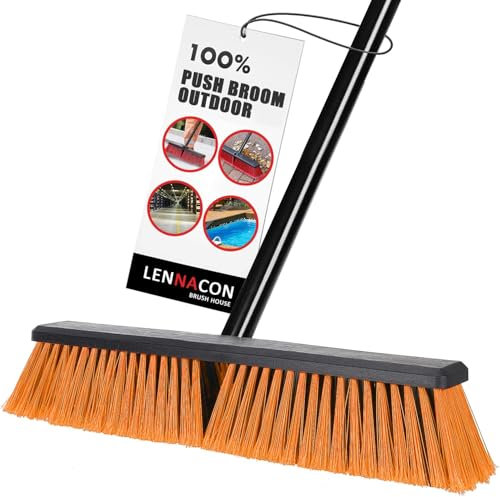 18 Push Broom Outdoor Heavy Duty, Snow Broom with Long Handle, Shop Broom Garage Push Broom for Garden, Patio, Garage, Bathroom, Kitchen, Tub, Carpet, Tile, Deck, Concrete, Industrial (Orange)