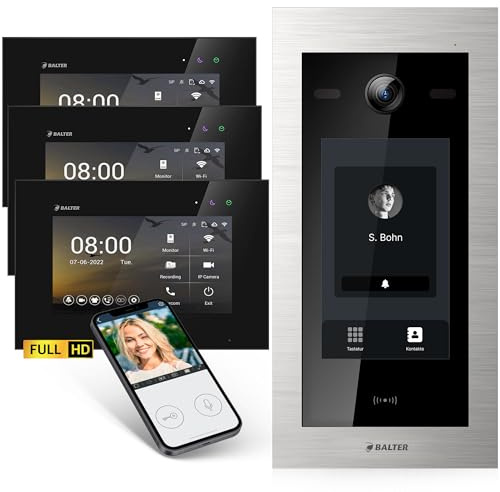 Balter EVO-HD Video Türsprechanlage mit Touchscreen Türstation, Video Türklingel, Smartphone App, 1 Familienhaus, 3X 7 Zoll Monitore, Türklingel mit Kamera Full HD, 2 Draht Bus, 175° Weitwinkel, RFID