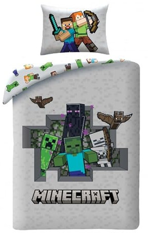 Ropa de cama infantil reversible con certificado Öko-Tex de 140 x 200 cm y funda de almohada de 70 x 90 cm Minecraft con Alex y Steve