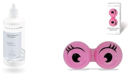 MAGNIVISION Kochsalzlösung, 2x 360ml Kochsalzlösung zum Abspülen von weichen und harten Kontaktlinsen & 1x Kontaktlinsenbehälter Fun-Style Pink mit Links-Rechts-Markierung im modernen Design
