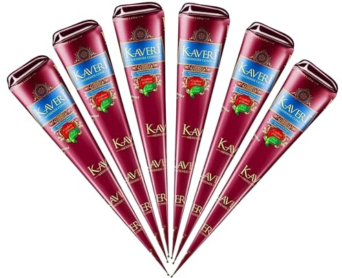 Kaveri Cono Naturale 6 x 25g - Senza PPD & Sostanze Chimiche Lunga Durata | Dermatologicamente Testato Per Decorazioni Creative Facile da Applicare mit Kajal (Rosso marrone)