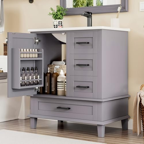 Kebnor 76 x 46 x 83,5 cm, mobile da bagno con lavandino, lavabo, completamente laccato, scaffale per porta, tre cassetti silenziosi, lavabo in ceramica integrato (grigio)