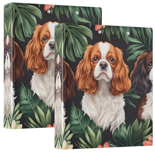 Quteprint Ringbuch mit 3 Ringen, Motiv: Hunde, tropische Blumen, Palmenblätter, 3,8 cm, rund, mit 3 transparenten Taschen, Klemmbrett und hält 200 Blatt für Büro/Schule/Zuhause
