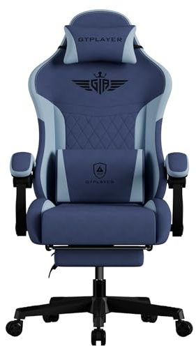 GTPLAYER Gaming Chair Fabric, High Back Computer Chairs with Footrest for Adults Ergonomic Lumbar Support Swivel PC Chair for Home Office (Dark Blue)
