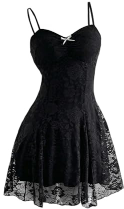GORGLITTER Women's Lace A Line Flared Flowy Cami Mini Dresses Bow Front Sleeveless Going Out Gothic Dress Black Large