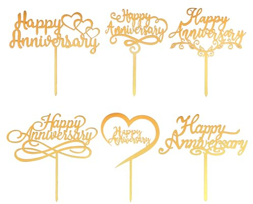XLIUAX Happy Anniversary Cake Topper, 6 Pcs Anniversary Cake Toppers | Gold Silver Weddings for Couple Acrylic Party Decorations Party Supplies Happy Wedding Signs
