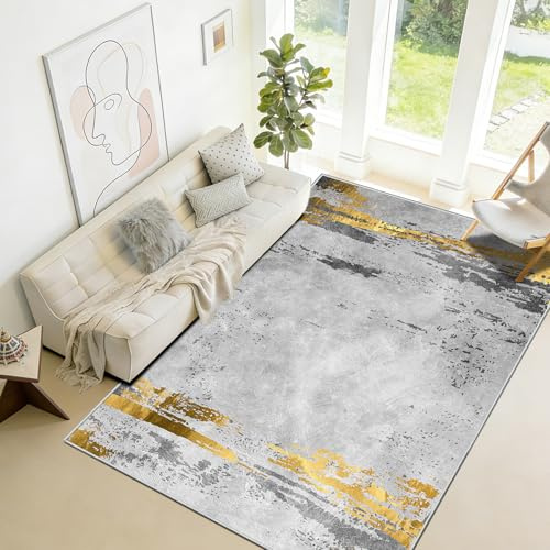 Waschbarer Kurzflor-Läufer 80x160 cm, Grau-Gold Modern Abstraktes Design | Rutschhemmend, Pflegeleicht und Weich, Ideal für Flur, Schlafzimmer und Home Office