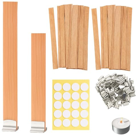 Wood Wicks, Wooden Wicks for Candle Making, 120PCS Candle Wicks Set with 60 Clips and 100 Adhesive Dots, Candle Making Supplies for Wood Wick Candles Crackling