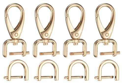 sourcing map 4pcs Detachable Snap Hook Swivel Clasp 1/16 (1.6mm) Zinc Alloy Lobster Claw Clasp with 4pcs D-Rings Screw in Shackle for Keychain Lanyard Purse Strap, Light Gold