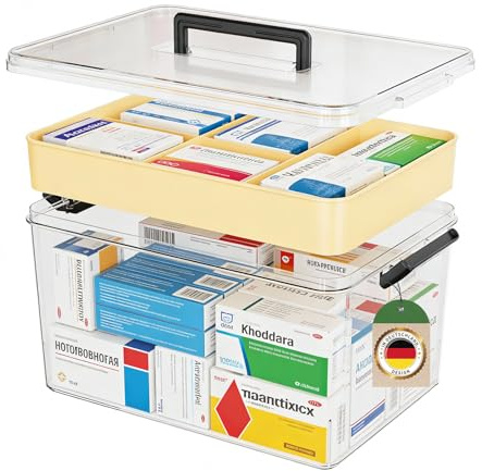 YONHESHI Medizinbox mit Griff – Großer Medikamenten Organizer – Medikamenten Aufbewahrung mit 2–lagigen transparenten Fächern, tragbar für Senioren, Reise & Zuhause