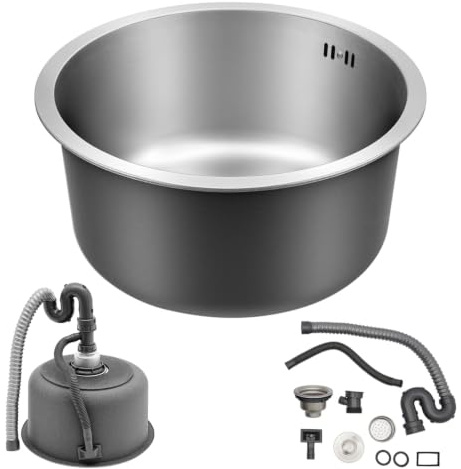 DAOHHFO Évier rond en acier inoxydable - Diamètre : 36,5 cm - En acier inoxydable - Avec raccord de tuyau d'évacuation - Évier encastrable - Robinets de salle de bain de cuisine - Accessoires pour