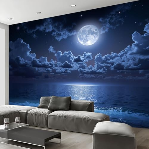 Papel Pintado Pared 3D Cielo Misterioso Iluminado Luna Mar 200X140 Fotomurales Paisaje Fantasía, Azul Profundo Papel Tapiz Grande Murales Fotográfico Moderno Decoración De Pared Para Sala Dormitorio