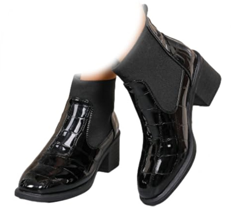 WINDEHAO Botines Chelsea de tacón grueso de charol para mujer, sin cordones, elásticos, de tacón bajo, cómodos, de tacón medio, Black, 44 EU