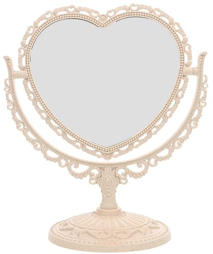 FRCOLOR Doppelseitiger Kosmetikspiegel Herzform Tischspiegel Mit 360° Drehung Beige Kompakter Make-up Spiegel Für Badezimmer Und Schlafzimmer