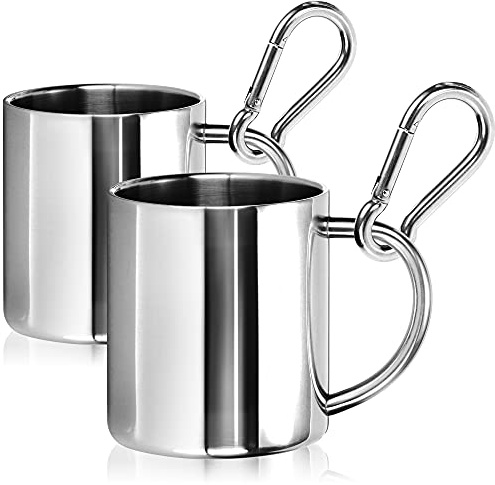 com-four® 2x Edelstahl-Kaffeebecher - Thermo-Trinkbecher aus hochwertigem Edelstahl - Kaffeepott bruchsicher - doppelwandige Isolierbecher - BPA FREE (silberfarben - 300ml - 2 Stück - Karabiner)