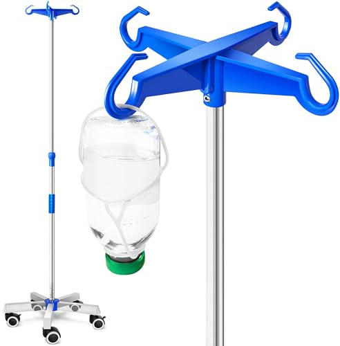 AIESI® IV-stång i ROSTFRITT STÅL med 4 plastkrokar och svängbara hjul med broms, 2 gratis flaskhållare à 100 ml, Garanti 24 månader