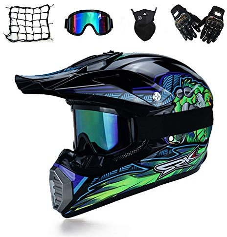 VOMI Motorrad Crosshelm Set, Schwarz und Grün, Motocross Helm Kinder Downhill Fullface-Helm Off Road MTB Cross Helm Mopedhelm mit Brille/ Handschuhe/ Maske/ Motorrad Netz (XL)
