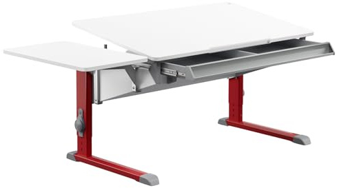 Moll Bandit Kinderschreibtisch höhenverstellbar | mitwachsend, ergonomisch & neigbar für aufrechtes Sitzen | ideal für Schulkinder | Schreibtisch weiß (Side Top & Schublade, Rot, 117,2cm x 70,5cm)