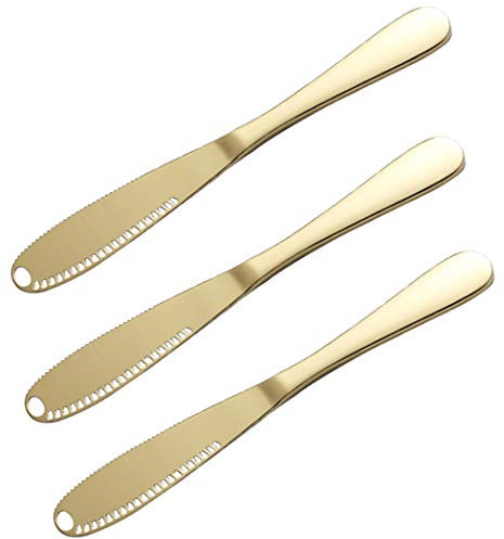 Hoshen - Coltello da burro in acciaio INOX, 3 pezzi, per burro, per marmellata, per pane, formaggio, utensili da cucina, colore: Oro