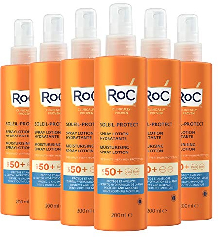 RoC - Soleil-Protect Lozione Spray Idratante SPF 50+ - Protezione Solare Ad Ampio Spettro Per Il Corpo - Non Grassa E Resistente All'Acqua - Elevata Protezione UVA/B - Adatta Alla Pelle - 6 x 200 ml