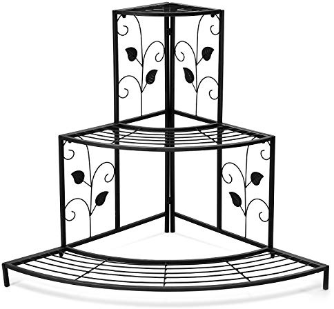 GRAFFY 3 Tier Metal Plant Stand Flower Pot Rack, Ladder Plant Display Rack, Quarter Round Plant Corner Shelf Planters Display Holder for Indoor Outdoor Use, Black
